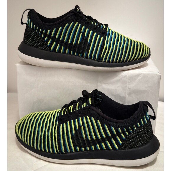 Nike Roshe Two Flyknit Black Blue Yellow Running Shoes 844929-003 Womens Sz 8.5 - Picture 1 of 7